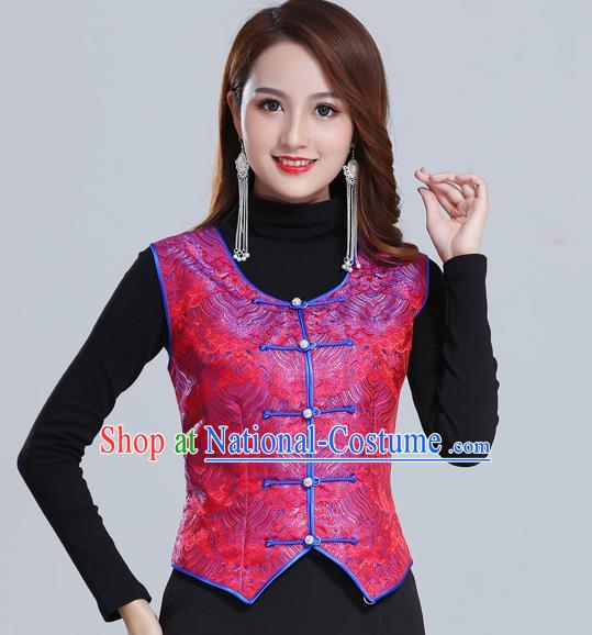 Traditional Chinese Tang Suit Red Brocade Vest Mongol Ethnic Minority Garment Mongolian Nationality Waistcoat Apparels Costume for Woman