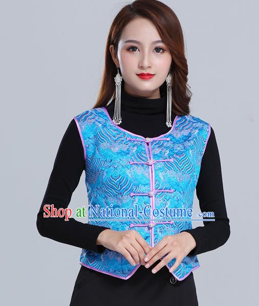 Traditional Chinese Tang Suit Blue Brocade Vest Mongol Ethnic Minority Garment Mongolian Nationality Waistcoat Apparels Costume for Woman