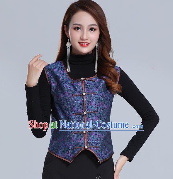 Traditional Chinese Tang Suit Navy Brocade Vest Mongol Ethnic Minority Garment Mongolian Nationality Waistcoat Apparels Costume for Woman