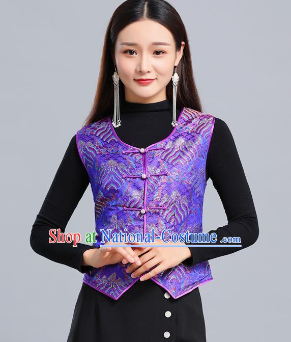 Traditional Chinese Tang Suit Purple Brocade Vest Mongol Ethnic Minority Garment Mongolian Nationality Waistcoat Apparels Costume for Woman