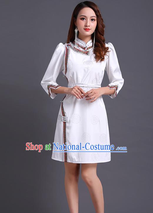 Traditional Chinese Ethnic Costume Mongol Minority White Dress Garment Mongolian Nationality Apparels for Woman