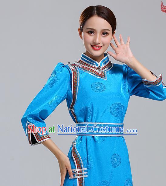 Traditional Chinese Ethnic Costume Mongol Minority Blue Dress Garment Mongolian Nationality Apparels for Woman