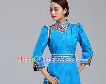 Traditional Chinese Ethnic Costume Mongol Minority Blue Dress Garment Mongolian Nationality Apparels for Woman