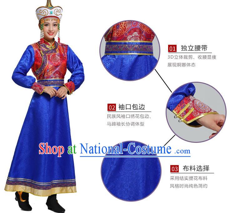 Traditional Chinese Ethnic Folk Dance Costume Mongol Minority Royalblue Dress Garment Mongolian Nationality Women Apparels