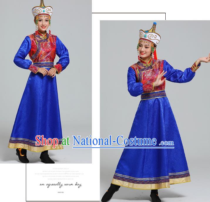 Traditional Chinese Ethnic Folk Dance Costume Mongol Minority Royalblue Dress Garment Mongolian Nationality Women Apparels