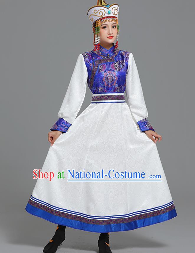 Traditional Chinese Ethnic Folk Dance Costume Mongol Minority White Dress Garment Mongolian Nationality Women Apparels