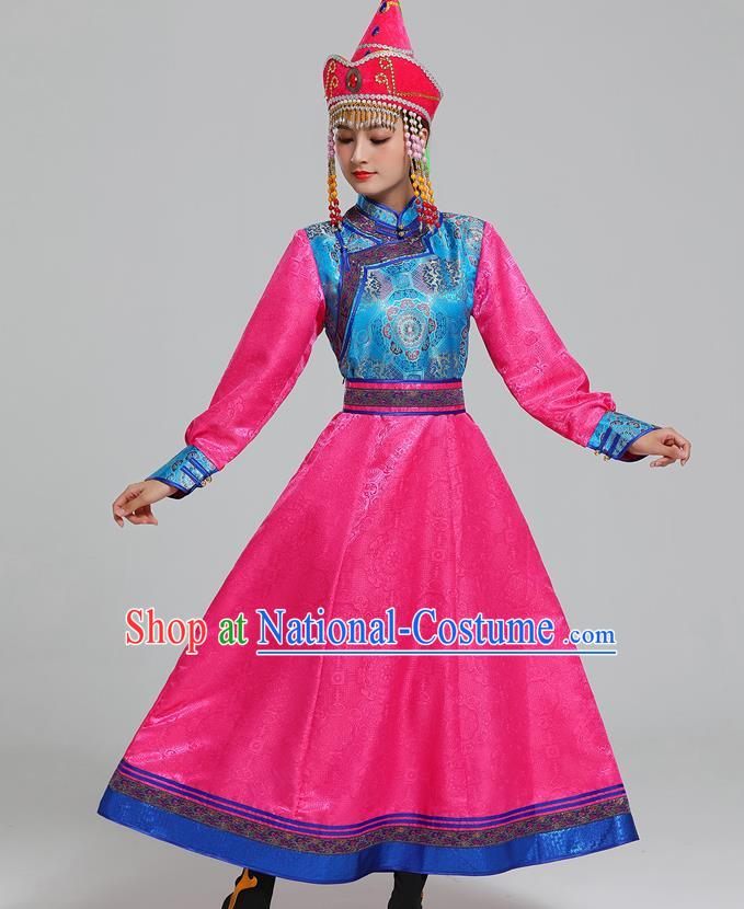 Traditional Chinese Ethnic Folk Dance Costume Mongol Minority Rosy Dress Garment Mongolian Nationality Women Apparels