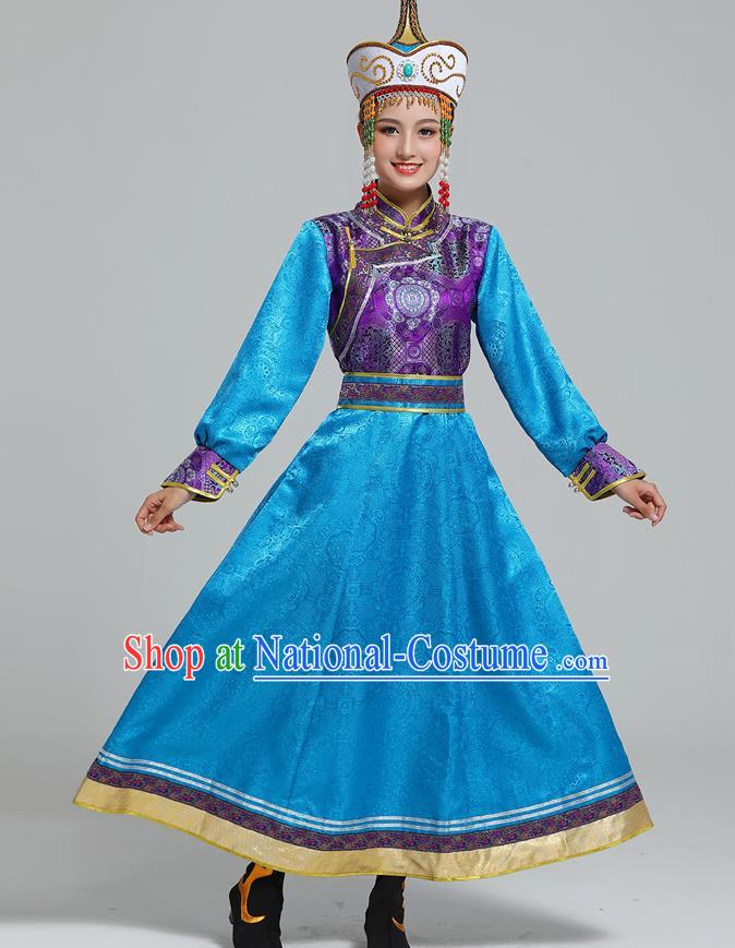 Traditional Chinese Ethnic Folk Dance Costume Mongol Minority Blue Dress Garment Mongolian Nationality Women Apparels