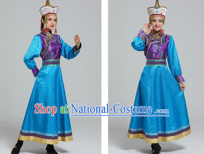 Traditional Chinese Ethnic Folk Dance Costume Mongol Minority Blue Dress Garment Mongolian Nationality Women Apparels