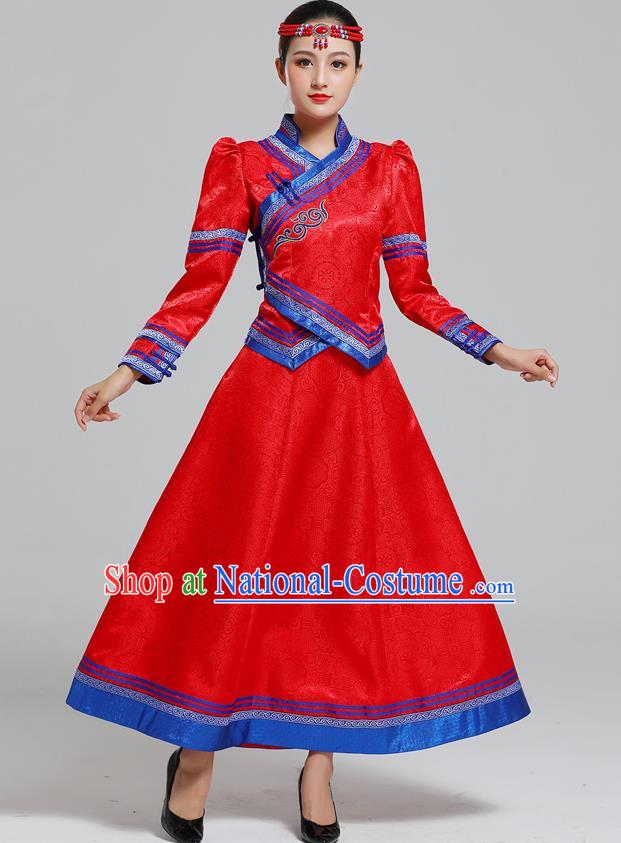 Traditional Chinese Mongol Minority Ethnic Costume Garment Mongolian Nationality Women Folk Dance Apparels Red Blouse and Skirt