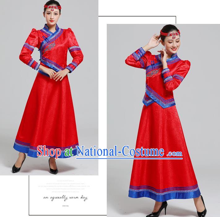 Traditional Chinese Mongol Minority Ethnic Costume Garment Mongolian Nationality Women Folk Dance Apparels Red Blouse and Skirt