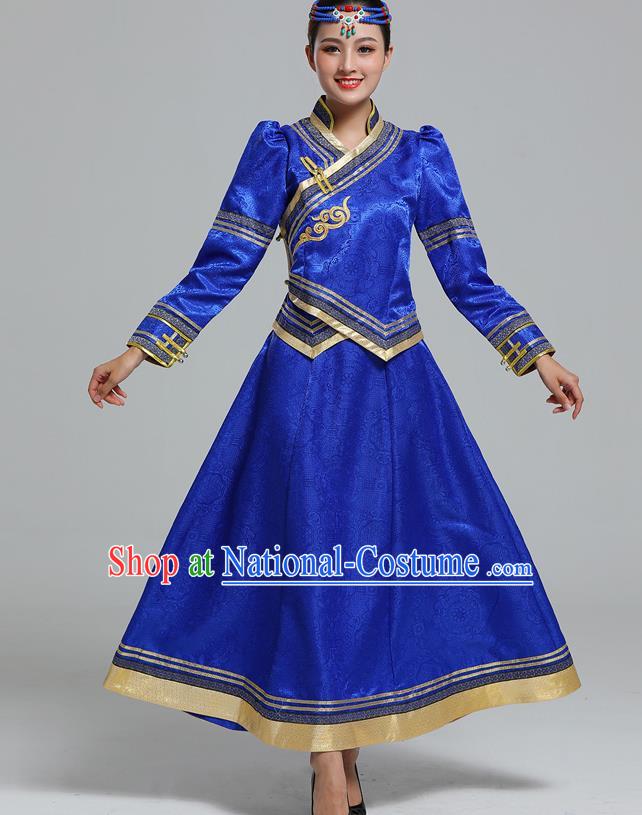 Traditional Chinese Mongol Minority Ethnic Costume Garment Mongolian Nationality Women Folk Dance Apparels Royalblue Blouse and Skirt