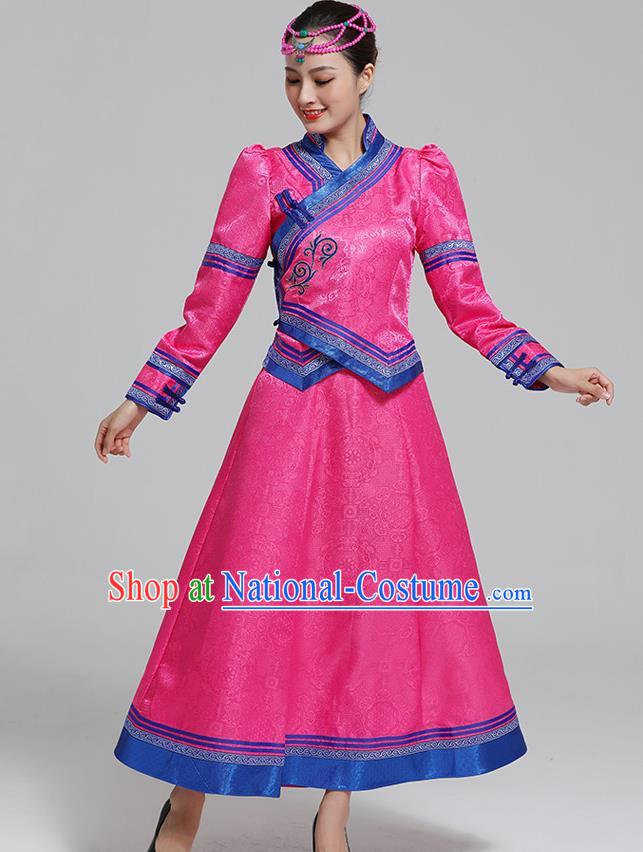 Traditional Chinese Mongol Minority Ethnic Costume Garment Mongolian Nationality Women Folk Dance Apparels Rosy Blouse and Skirt