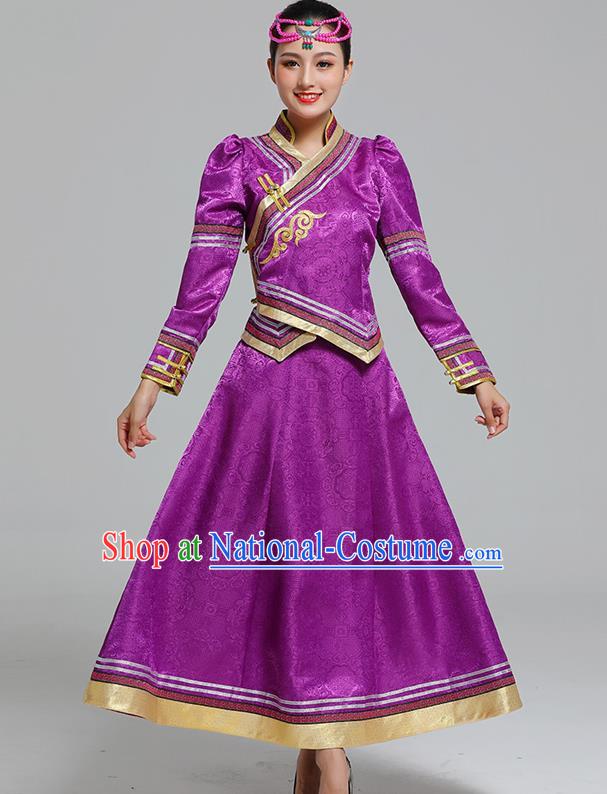 Traditional Chinese Mongol Minority Ethnic Costume Garment Mongolian Nationality Women Folk Dance Apparels Purple Blouse and Skirt