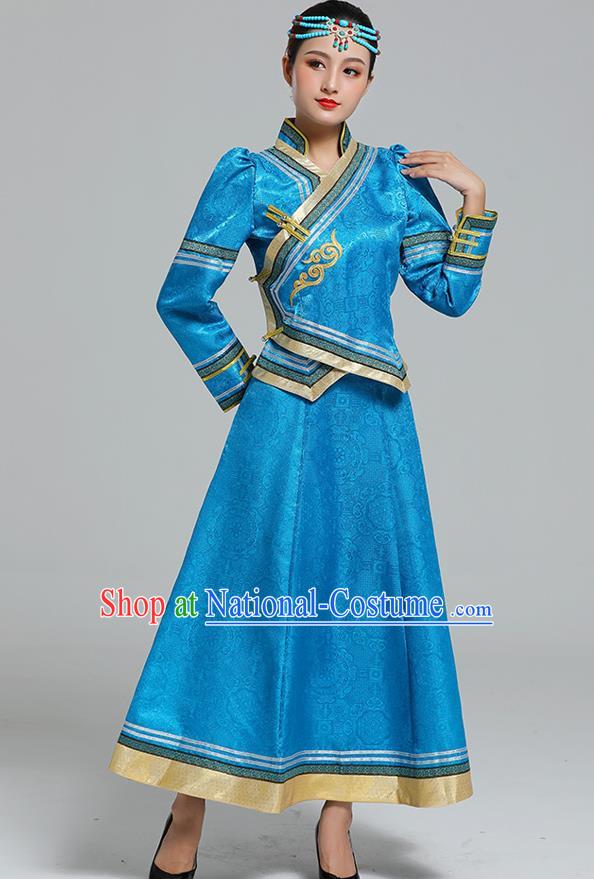 Traditional Chinese Mongol Minority Ethnic Costume Garment Mongolian Nationality Women Folk Dance Apparels Blue Blouse and Skirt