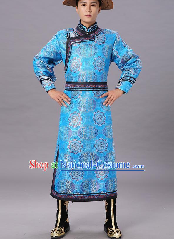 Chinese Traditional Ethnic Dance Garment Mongol Minority Costume Blue Brocade Mongolian Robe for Men