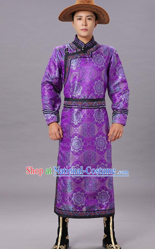 Chinese Traditional Ethnic Dance Garment Mongol Minority Costume Purple Brocade Mongolian Robe for Men