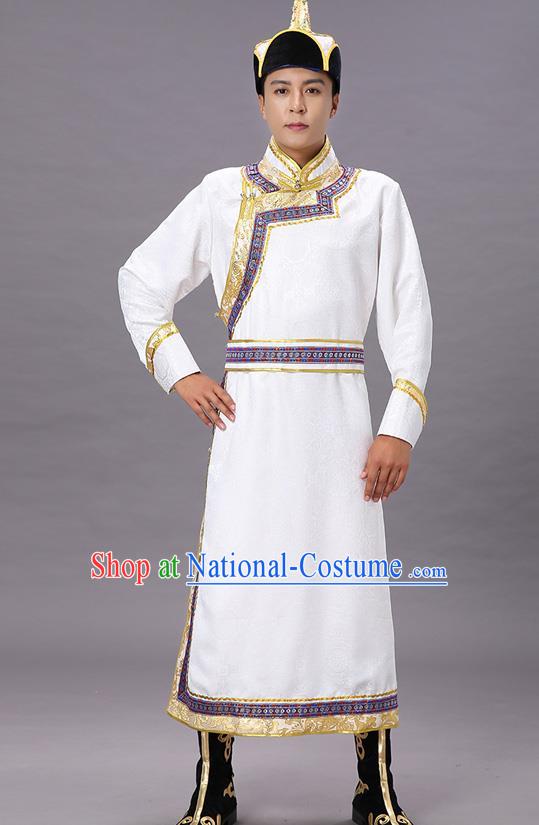 Chinese Traditional Ethnic White Brocade Mongolian Robe Dance Garment Mongol Minority Costume for Men