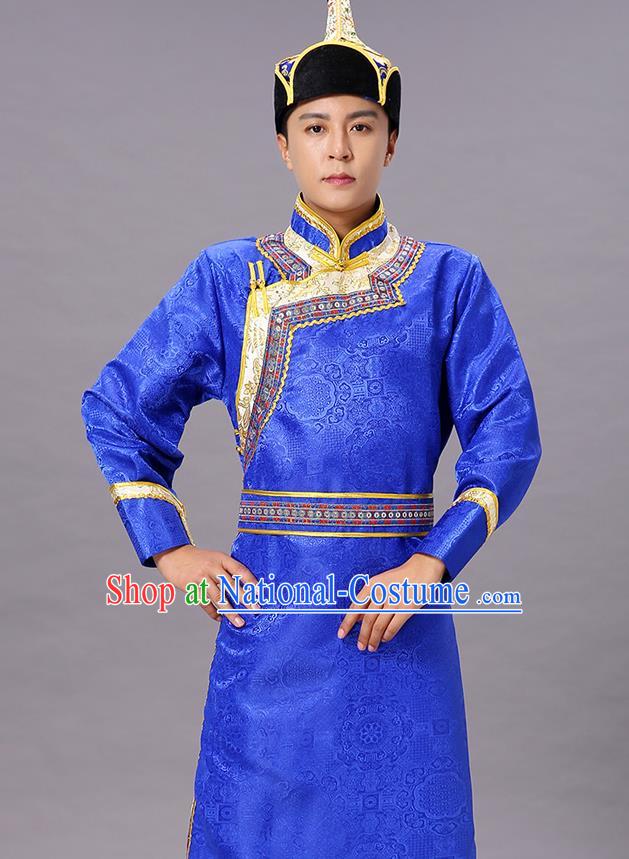 Chinese Traditional Ethnic Royalblue Brocade Mongolian Robe Dance Garment Mongol Minority Costume for Men