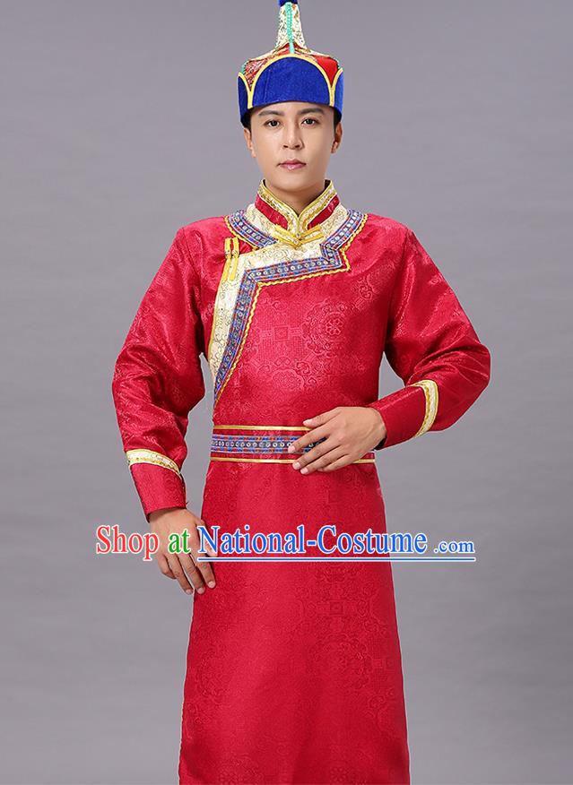 Chinese Traditional Ethnic Red Brocade Mongolian Robe Dance Garment Mongol Minority Costume for Men