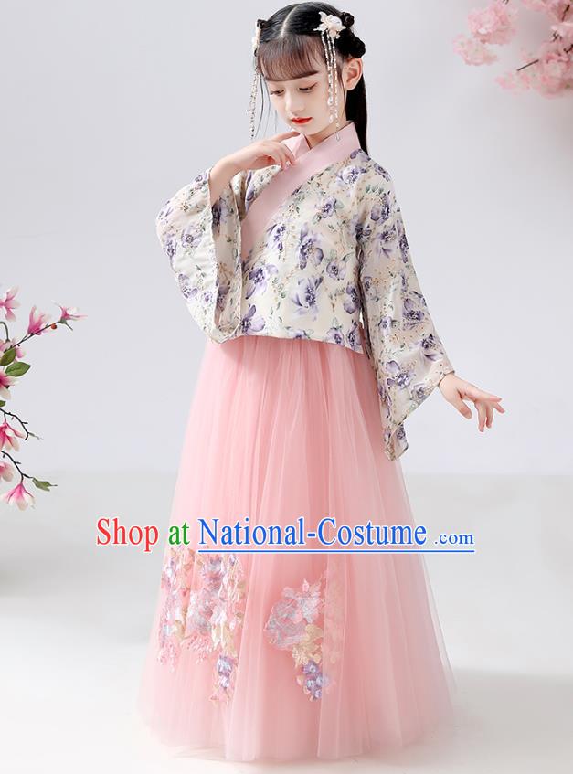 Chinese Ancient Children Costumes Traditional Hanfu Ming Dynasty Girls Printing Blouse and Pink Skirt for Kids