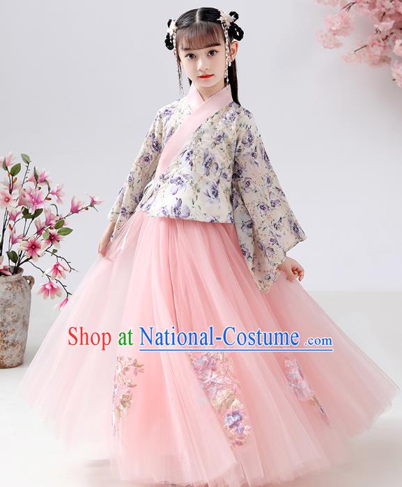 Chinese Ancient Children Costumes Traditional Hanfu Ming Dynasty Girls Printing Blouse and Pink Skirt for Kids