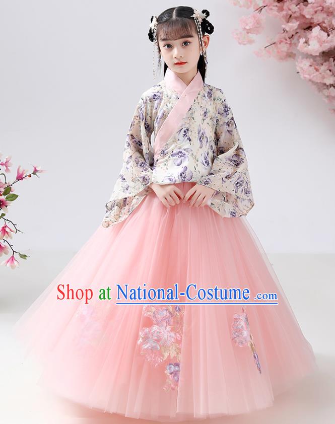 Chinese Ancient Children Costumes Traditional Hanfu Ming Dynasty Girls Printing Blouse and Pink Skirt for Kids