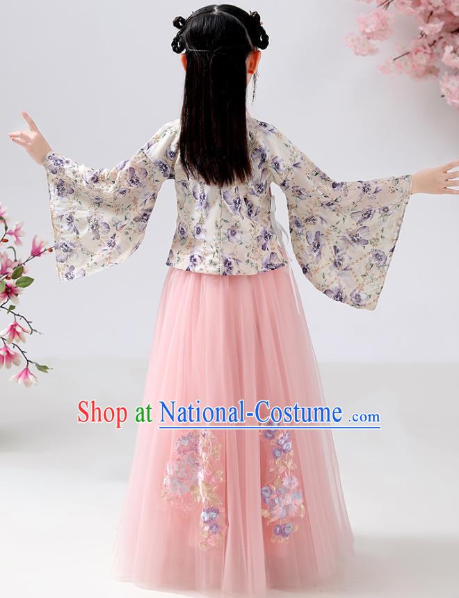 Chinese Ancient Children Costumes Traditional Hanfu Ming Dynasty Girls Printing Blouse and Pink Skirt for Kids