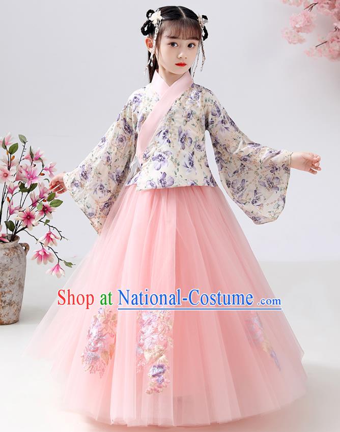 Chinese Ancient Children Costumes Traditional Hanfu Ming Dynasty Girls Printing Blouse and Pink Skirt for Kids