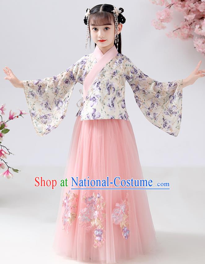 Chinese Ancient Children Costumes Traditional Hanfu Ming Dynasty Girls Printing Blouse and Pink Skirt for Kids