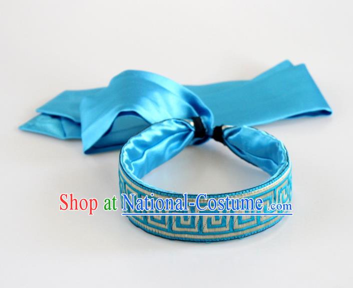 Traditional Chinese Ethnic Dance Blue Silk Ribbon Hair Clasp Mongol Minority Headband Mongolian Hair Accessories