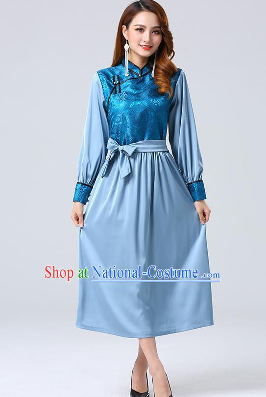 Traditional Chinese Mongol Minority Ethnic Costume Garment Mongolian Nationality Women Blue Dress Apparels