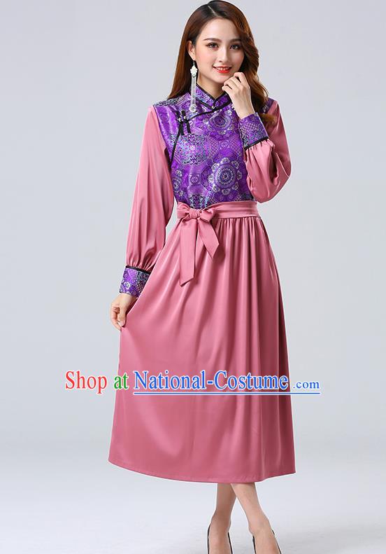 Traditional Chinese Mongol Minority Ethnic Costume Garment Mongolian Nationality Women Pink Dress Apparels