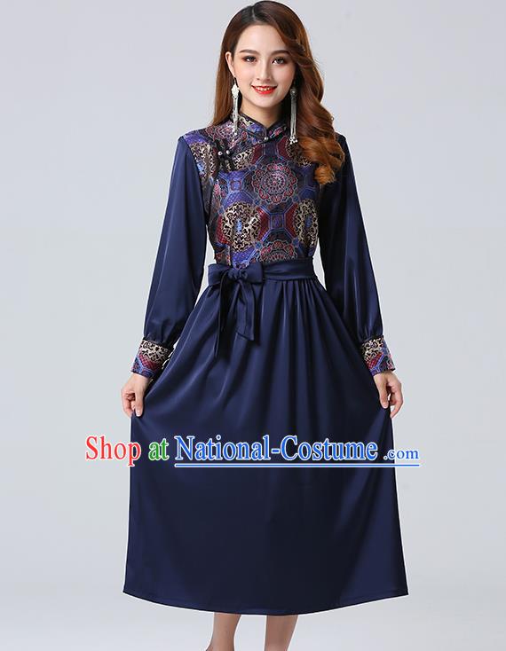 Traditional Chinese Mongol Minority Ethnic Costume Garment Mongolian Nationality Women Navy Dress Apparels