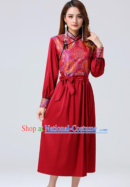 Traditional Chinese Mongol Minority Ethnic Costume Garment Mongolian Nationality Women Red Dress Apparels