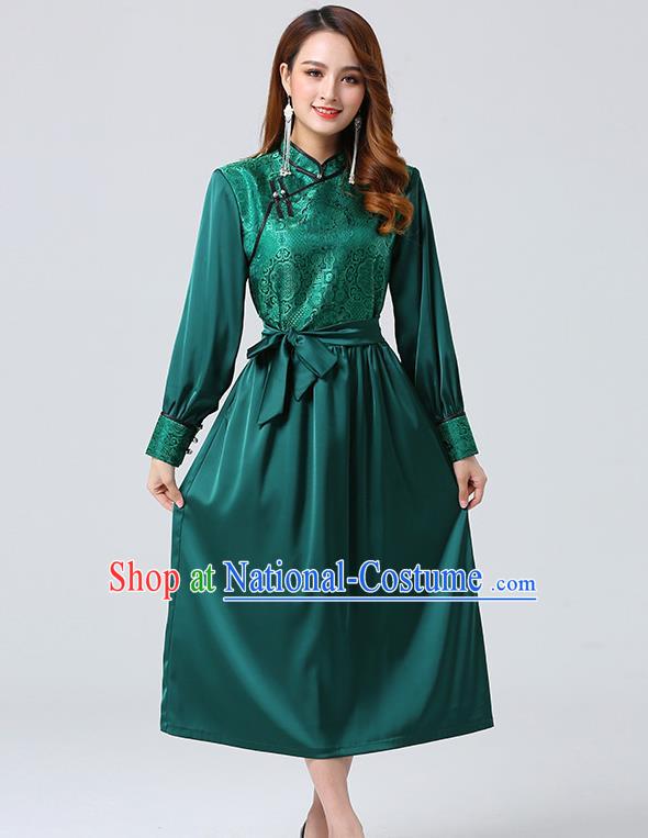 Traditional Chinese Mongol Minority Ethnic Costume Garment Mongolian Nationality Women Deep Green Dress Apparels