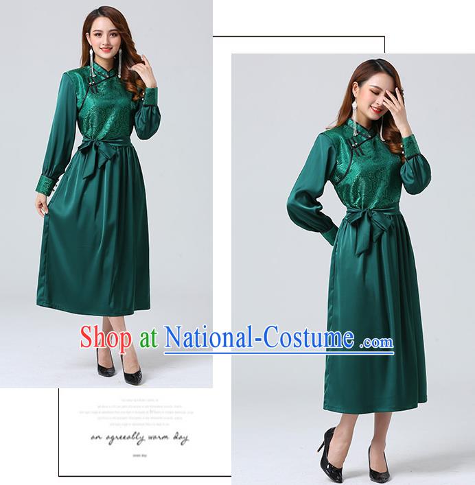 Traditional Chinese Mongol Minority Ethnic Costume Garment Mongolian Nationality Women Deep Green Dress Apparels