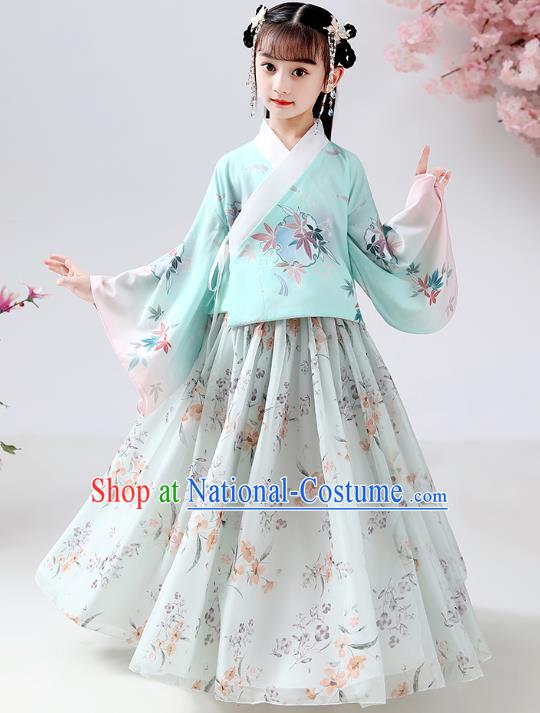 Chinese Ancient Children Costumes Traditional Hanfu Ming Dynasty Girls Green Blouse and Printing Skirt for Kids