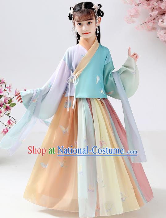 Chinese Ancient Children Butterfly Costumes Traditional Hanfu Ming Dynasty Girls Printing Blouse and Skirt for Kids