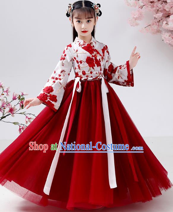 Chinese Traditional Hanfu Ming Dynasty Girls Blouse and Red Skirt Ancient Children Chiffon Costumes for Kids