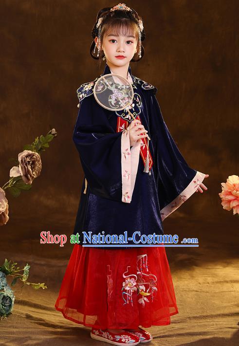 Chinese Traditional Tang Suit Deep Blue Blouse and Red Skirt Ancient Girl Hanfu Costumes for Kids