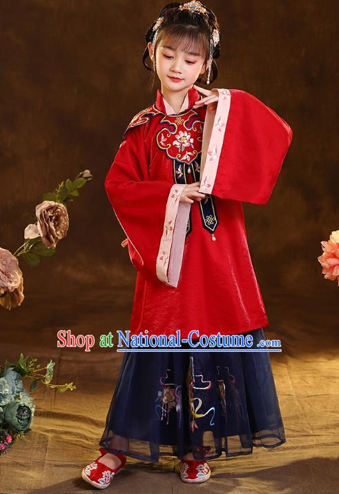 Chinese Traditional Tang Suit Red Blouse and Navy Skirt Ancient Girl Hanfu Costumes for Kids