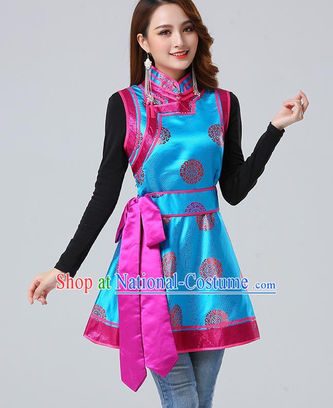 Traditional Chinese Mongol Minority Blue Brocade Vest Dress Ethnic Costume Mongolian Nationality Women Garment Apparels