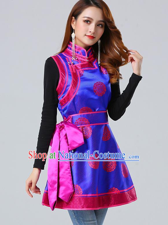 Traditional Chinese Mongol Minority Royalblue Brocade Vest Dress Ethnic Costume Mongolian Nationality Women Garment Apparels