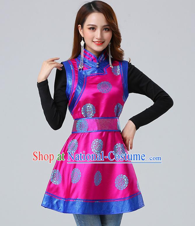 Traditional Chinese Mongol Minority Rosy Brocade Vest Dress Ethnic Costume Mongolian Nationality Women Garment Apparels