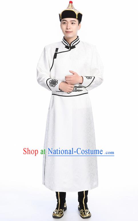 Chinese Traditional White Brocade Mongolian Robe Ethnic Men Dance Garment Mongol Minority Wedding Costume