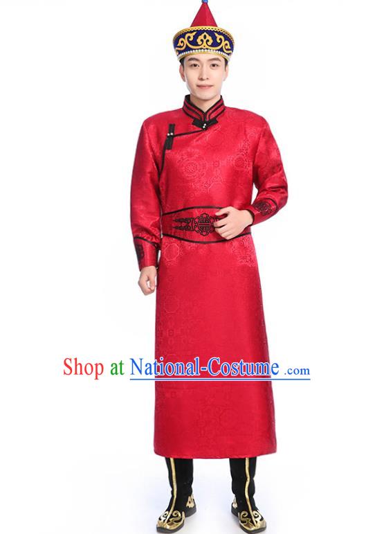 Chinese Traditional Red Brocade Mongolian Robe Ethnic Men Dance Garment Mongol Minority Wedding Costume