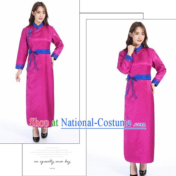 Traditional Chinese Mongol Minority Rosy Brocade Mongolian Robe Apparels Ethnic Costume Mongolian Nationality Women Garment Dress