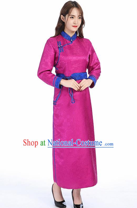 Traditional Chinese Mongol Minority Rosy Brocade Mongolian Robe Apparels Ethnic Costume Mongolian Nationality Women Garment Dress