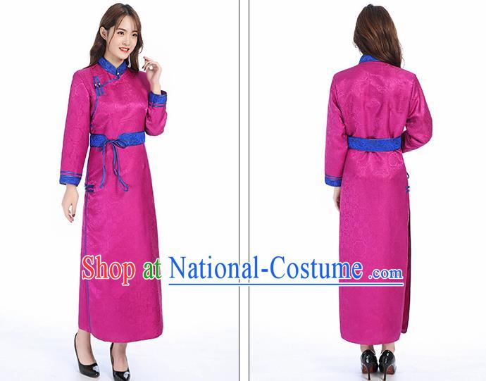 Traditional Chinese Mongol Minority Rosy Brocade Mongolian Robe Apparels Ethnic Costume Mongolian Nationality Women Garment Dress